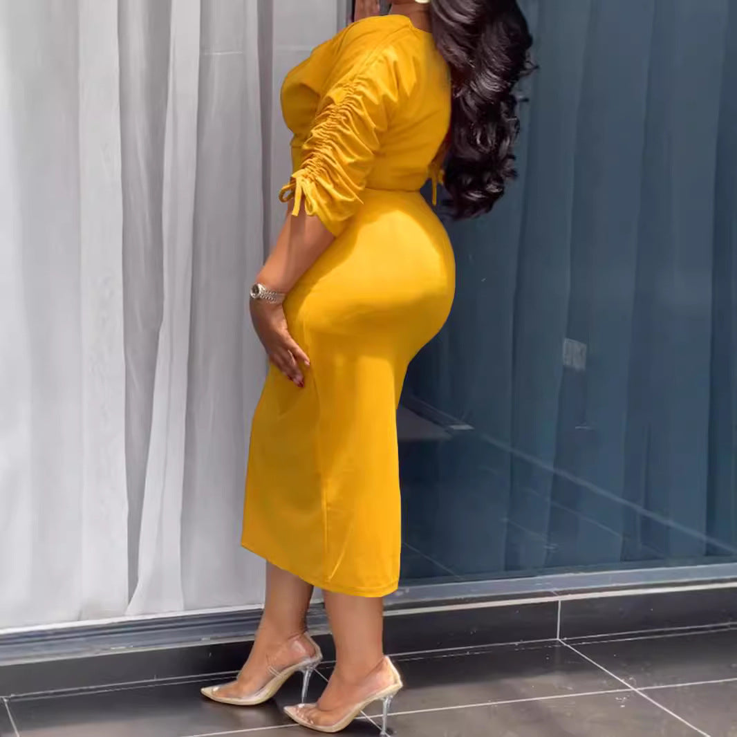 Solid Color Drawstring Split Dress for Women - Autumn and Winter Collection