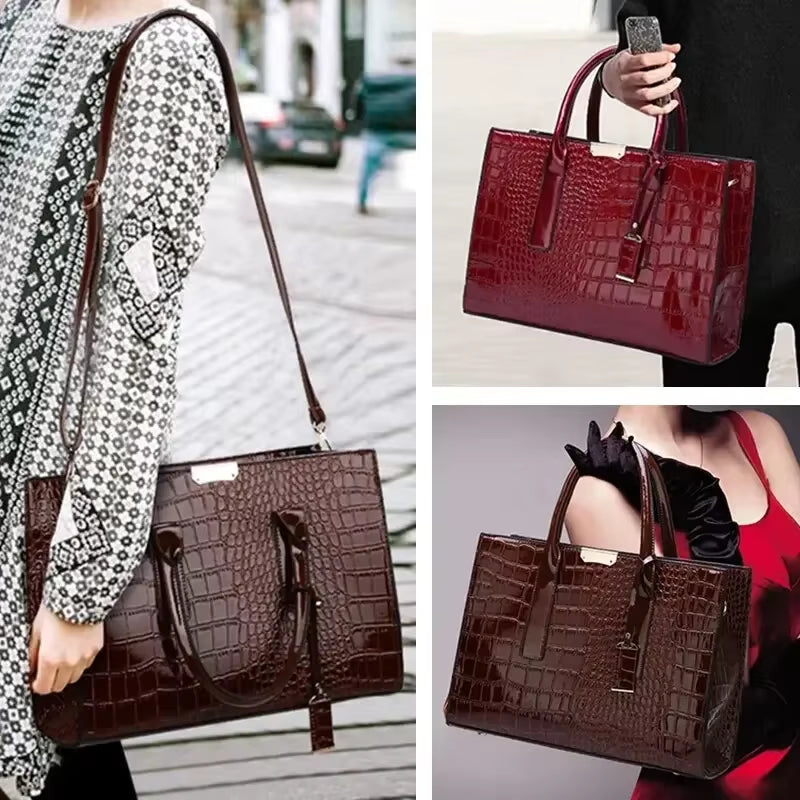 Luxury Vintage Women's Crocodile Pattern Leather Tote Bag - Spacious Business Shoulder Bag