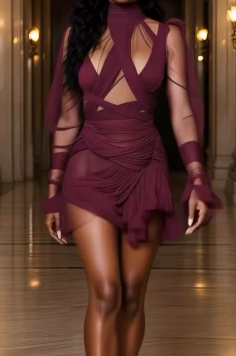 Elegant Brown Chiffon Evening Dress with Full Sleeves and High Collar for Cocktail and Birthday Celebrations