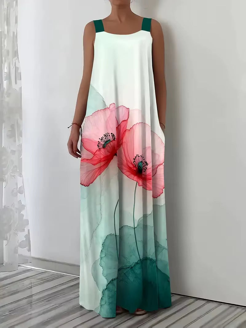 Plus Size European and American Casual Vacation Print Suspender Dress for Spring and Summer