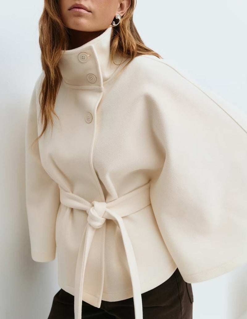 Elegant Women's Winter High Neck Batwing Sleeve Belted Trench Coat
