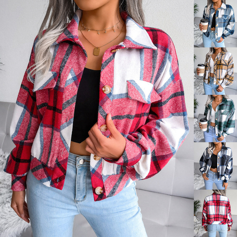 Plaid Lapel Cropped Jacket for Women - Loose-Fitting Long Sleeve Outwear Coat