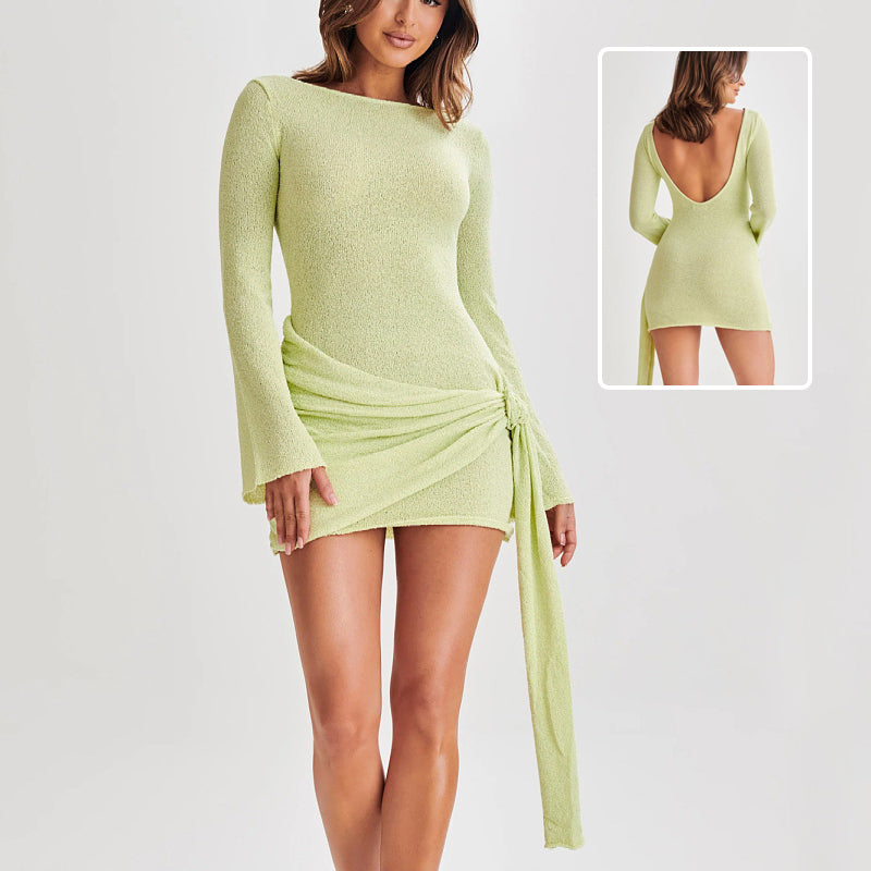 Elegant Slim-Fit Long-Sleeved Dress with V-Shaped Back - Y2K Style Hip-Hugging Short Dress for Women