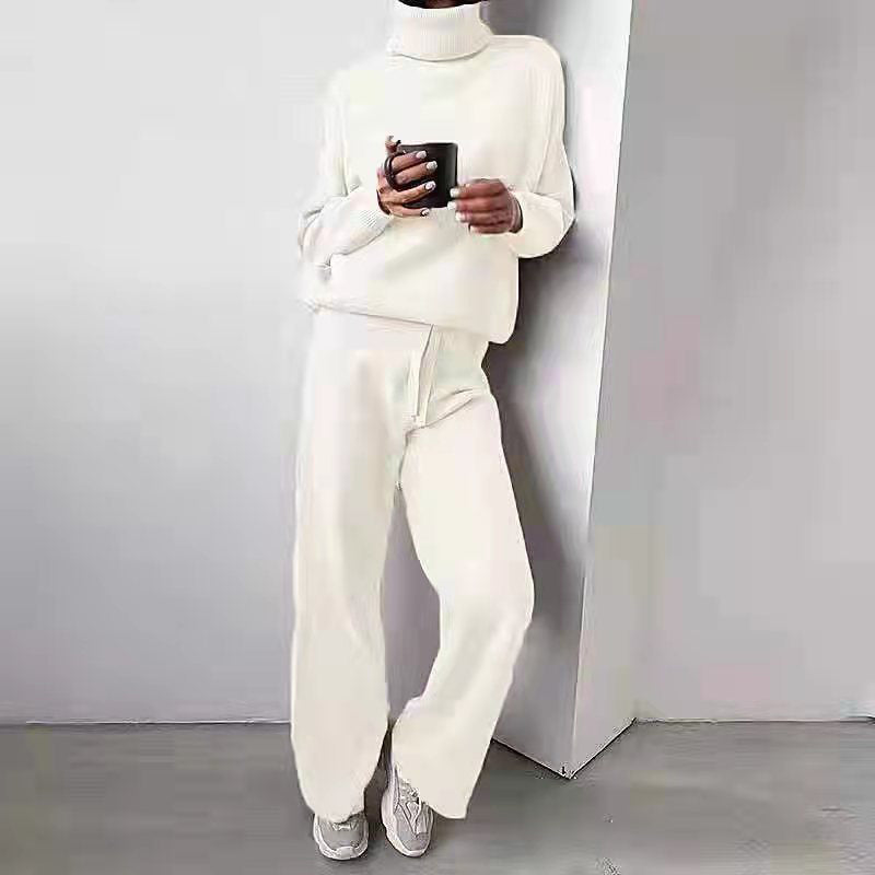 Casual Fashion Suits for Women Turtleneck Sweater and Drawstring Straight Pants