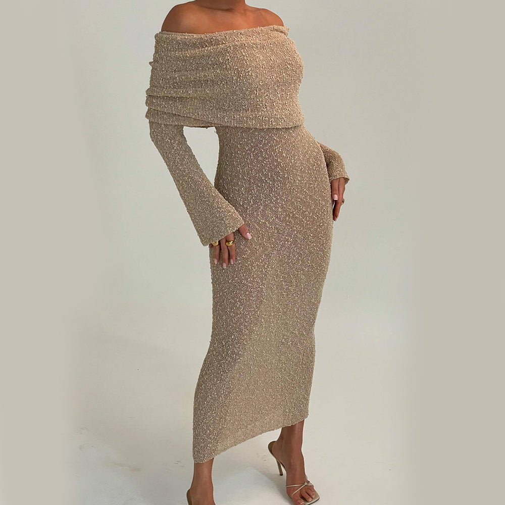 One-Shoulder Knitted Long-Sleeved Dress for Women - Elegant Beach Holiday Attire