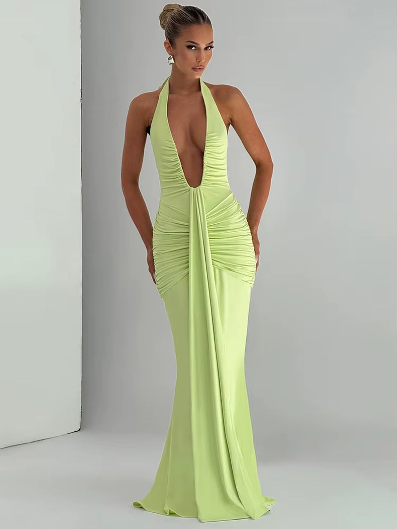 Elegant Deep V-Neck Draped Ruched Maxi Dress for Women - Summer Halter Sleeveless Backless Party Wear