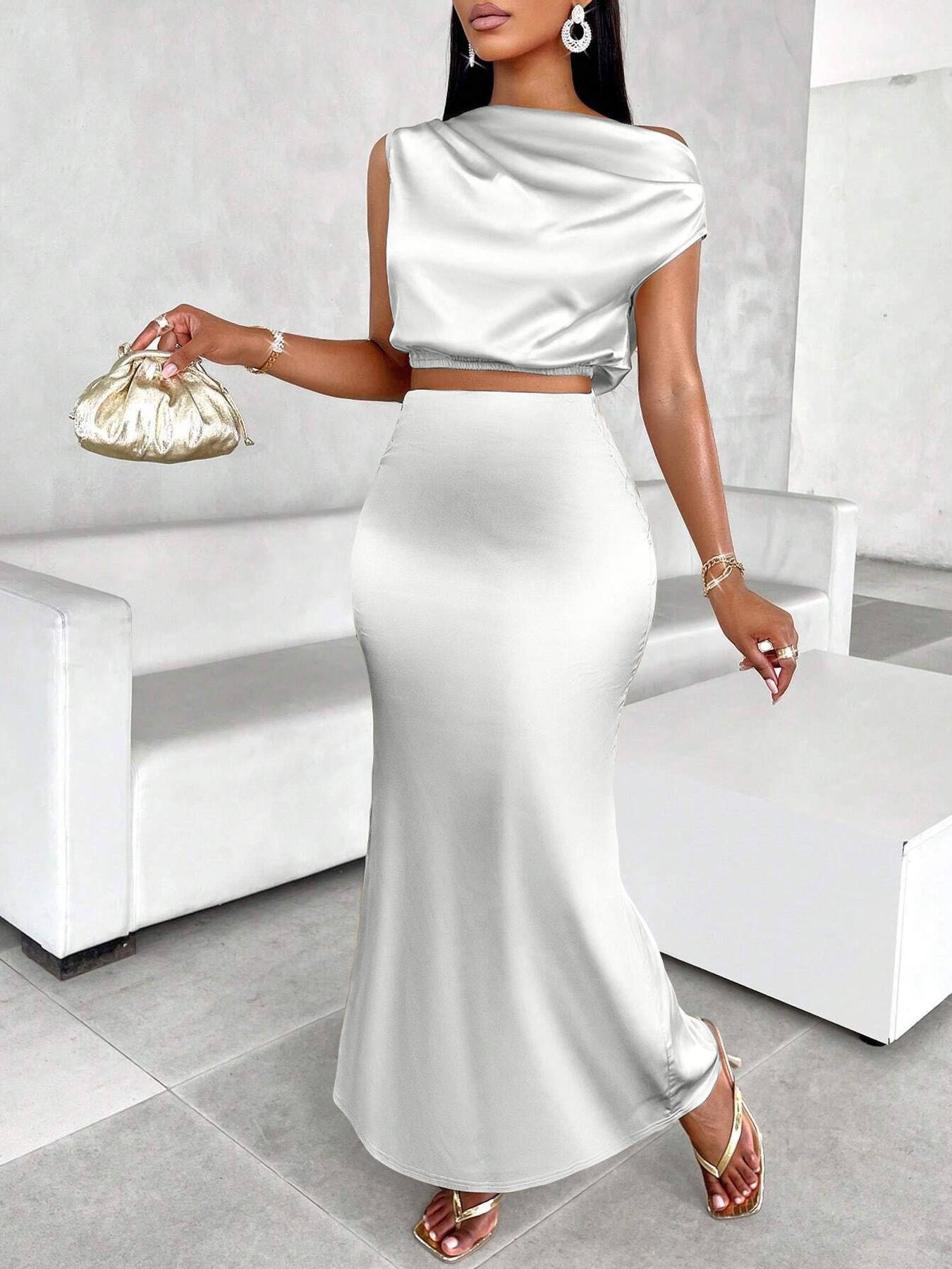 Women'S Solid Color Satin Dress Midriff Outfit Suit