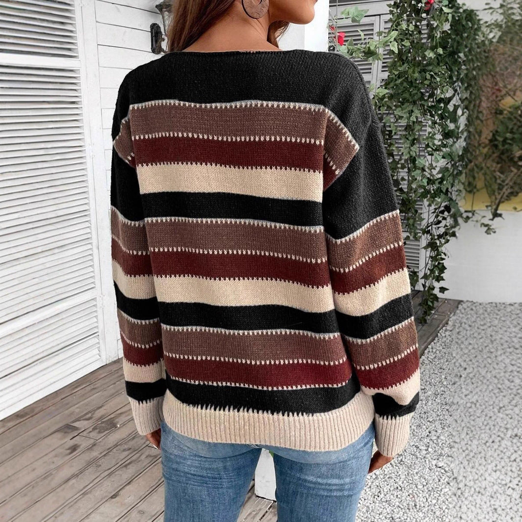 Colorblock Striped Pullover Sweater for Women - Casual Long Sleeve Top for Fall and Winter