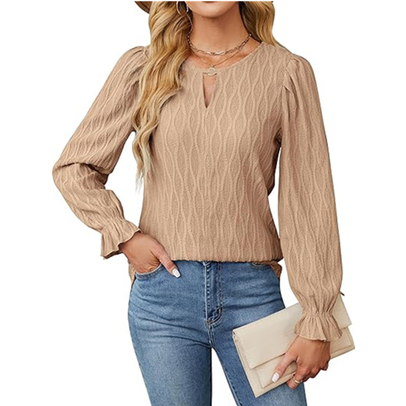Jacquard Long Sleeve Round Neck Top for Women