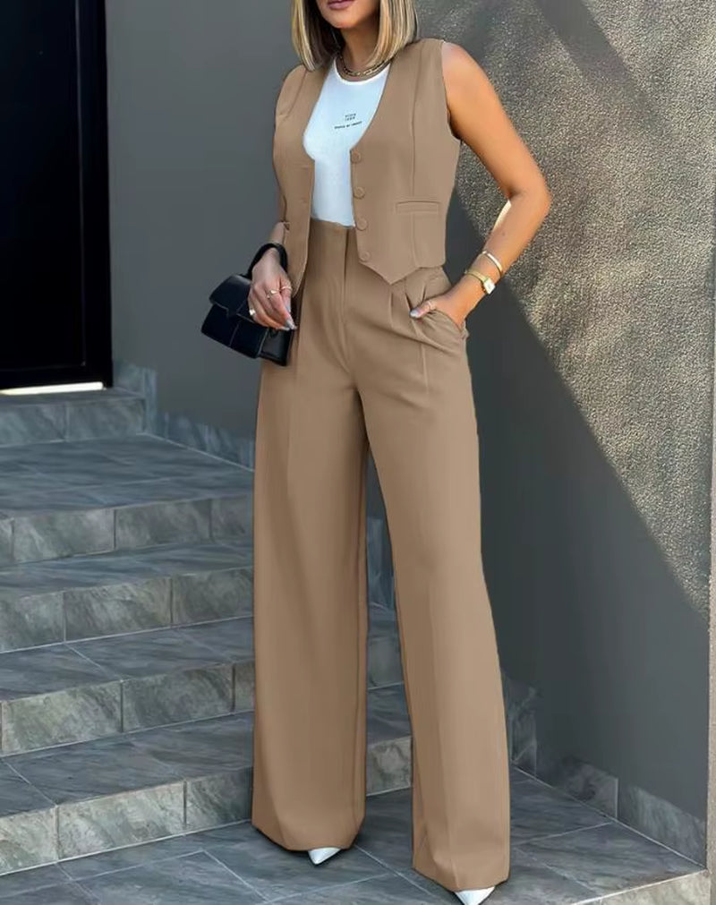 Stylish Women Commuting Vest Tops High Waist Wide Leg Pants 2024 Spring Autumn V Neck Sleeveless Button Regular Work Pants Set