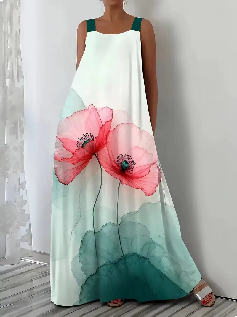 Plus Size European and American Casual Vacation Print Suspender Dress for Spring and Summer