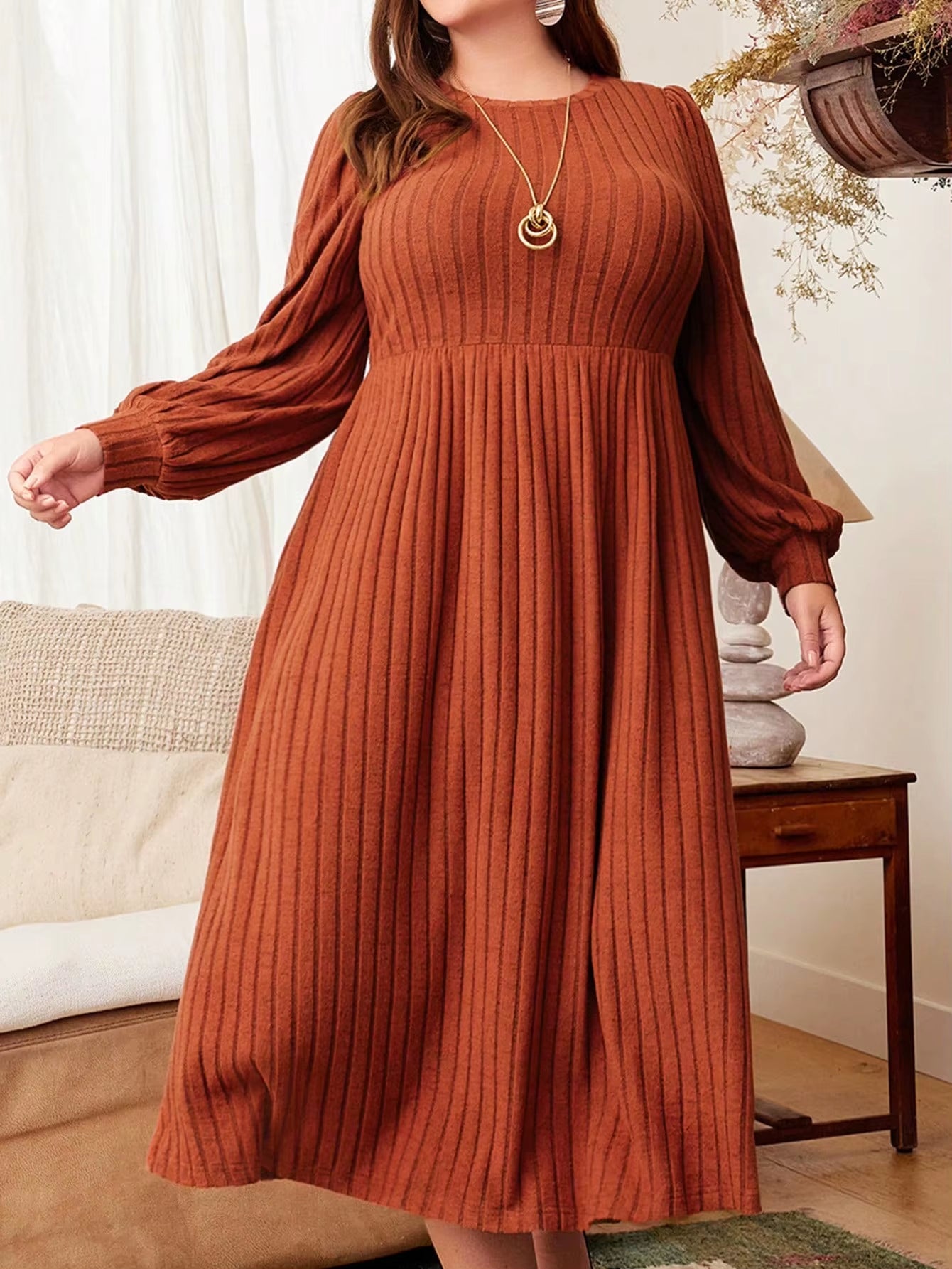 Plus Size Women's Solid Color Long Sleeve Maxi Dress for Autumn and Winter