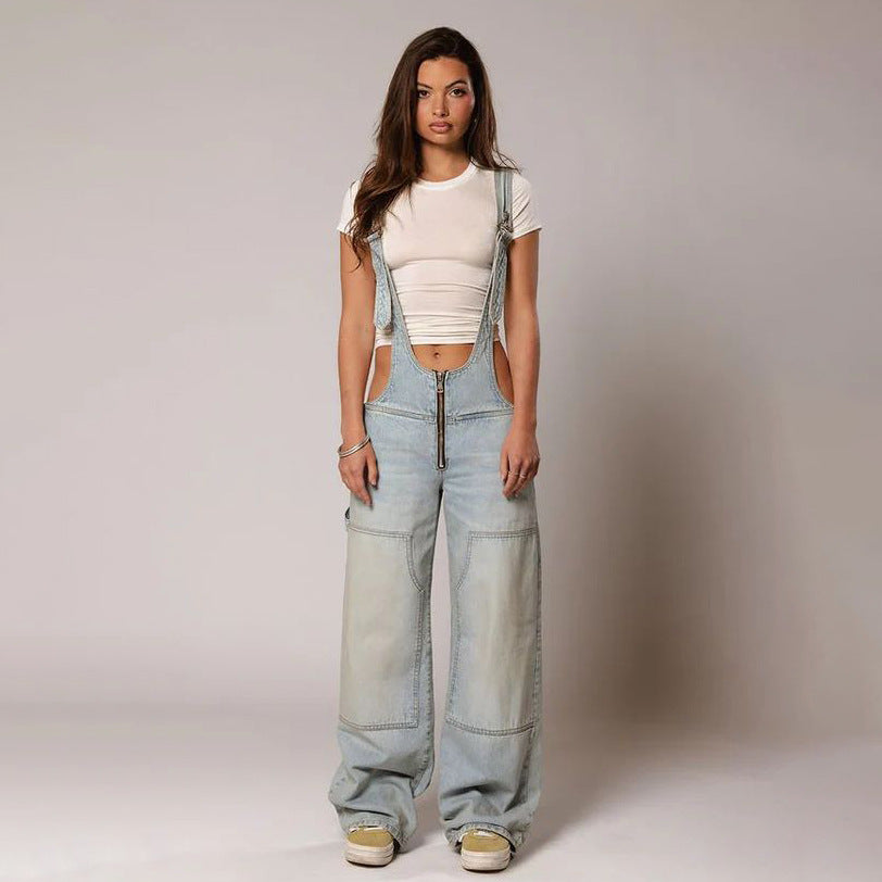 Y2K Denim Overalls with Pockets - Women's Fashion Loose Suspender Jumpsuit for Streetwear
