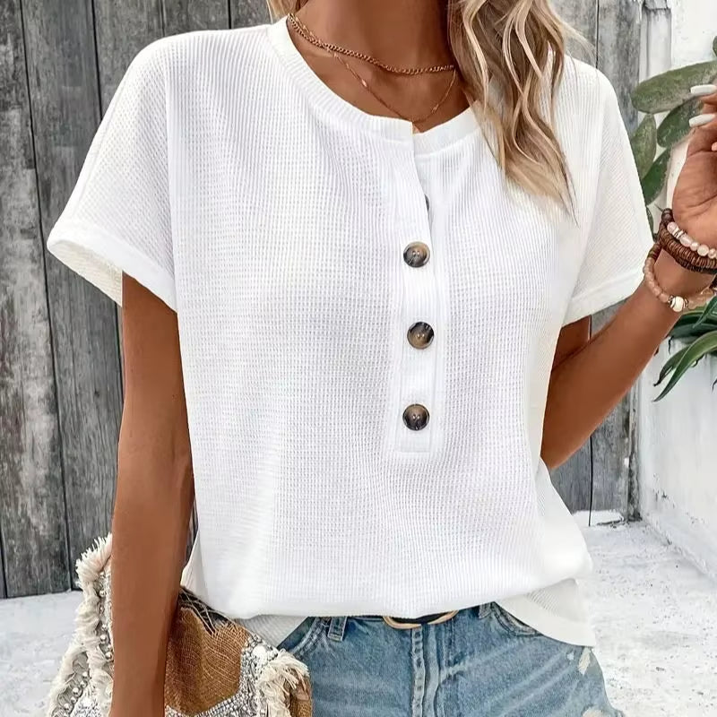 Women's Summer Large Solid Color Short Sleeve V-Neck T-Shirt - Casual Loose Fit with Three-Point Sleeves