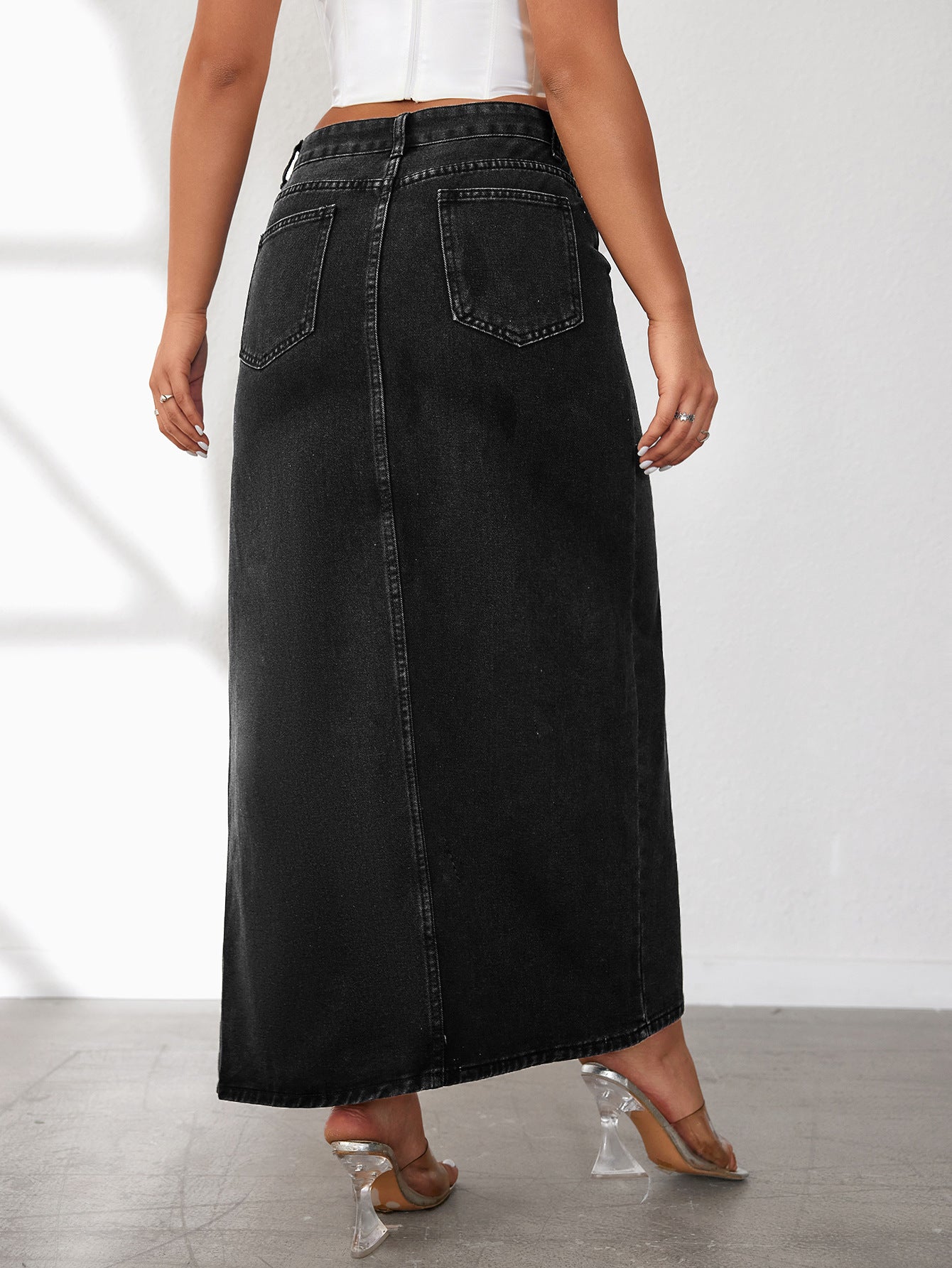 Washed Solid Color Midi Denim Skirt with High Slit for Women