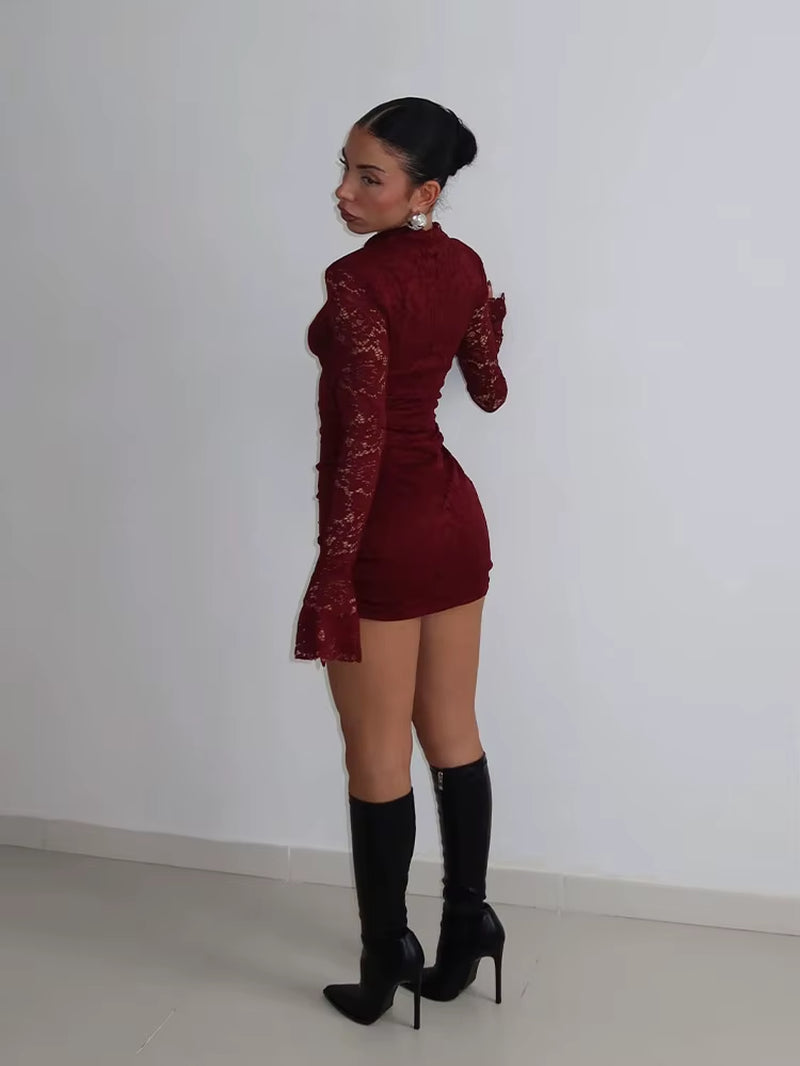 Elegant Lace Mini Dress for Women with Sheer Hollow Out Turtleneck and Flared Sleeves - Bodycon Streetwear Fashion