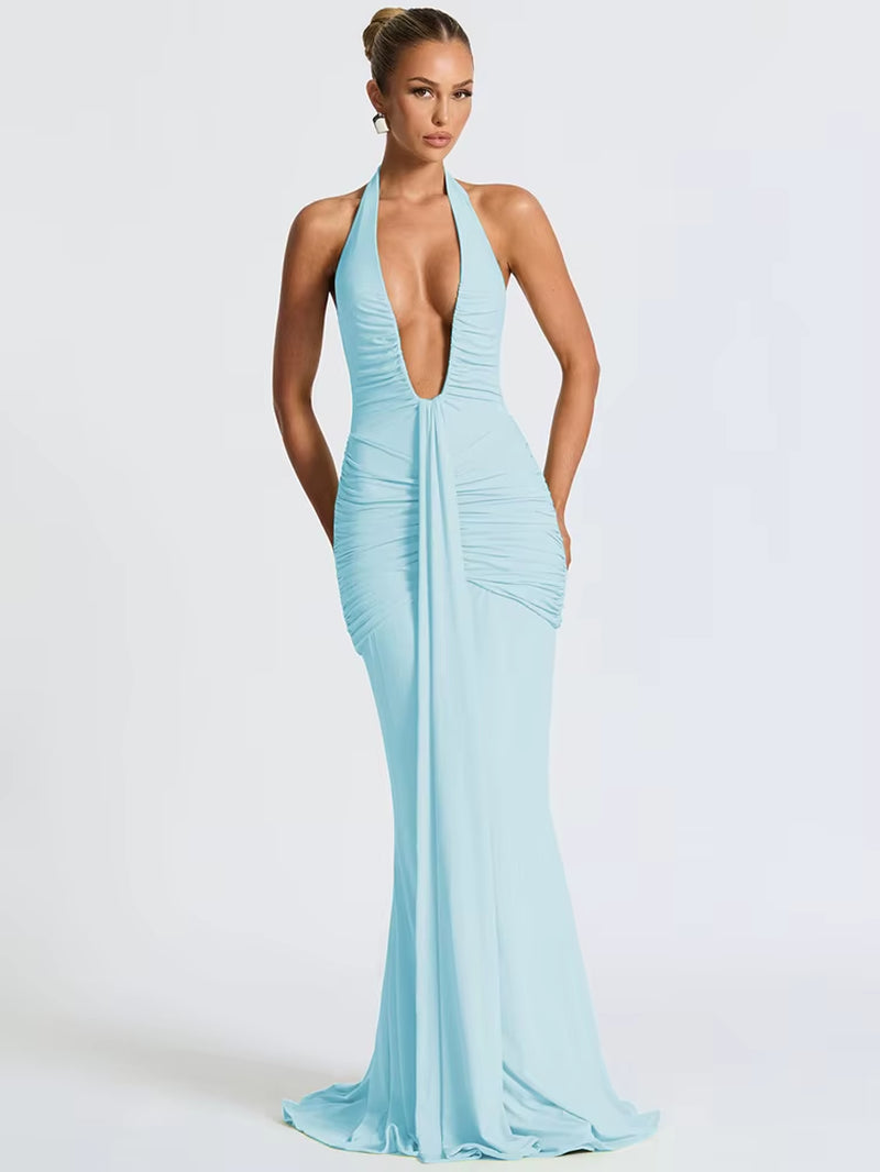 Elegant Deep V-Neck Draped Ruched Maxi Dress for Women - Summer Halter Sleeveless Backless Party Wear
