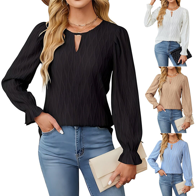 Jacquard Long Sleeve Round Neck Top for Women