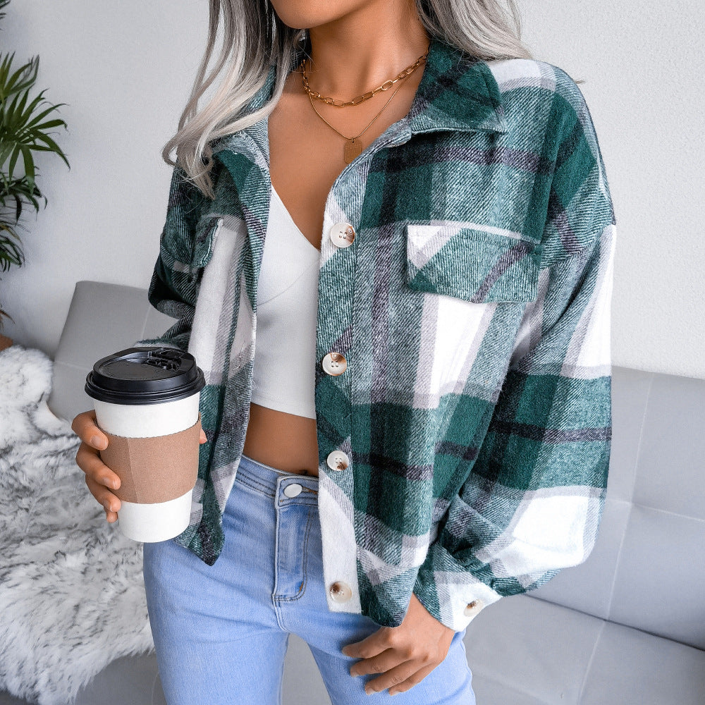 Plaid Lapel Cropped Jacket for Women - Loose-Fitting Long Sleeve Outwear Coat