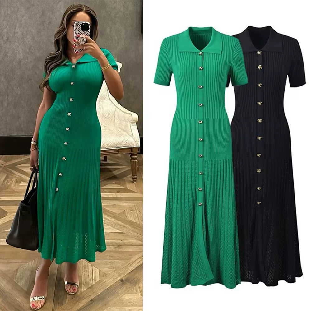 Elegant Vintage Knit Maxi Dress with Turn-Down Collar and Single-Breasted A-Line Design