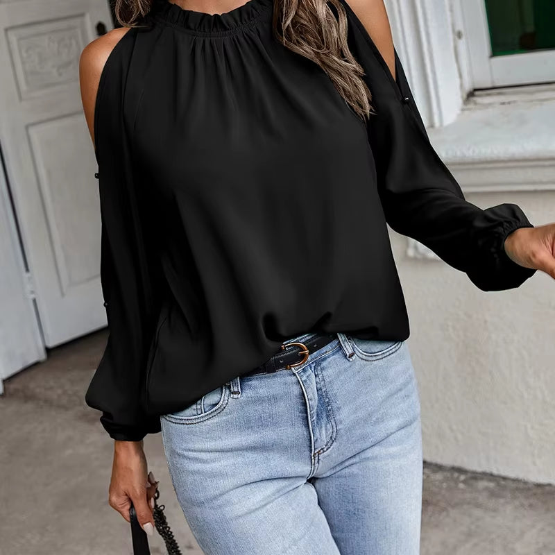 Women's Pleated Off-Shoulder Top with Lotus Leaf Design in Clean Autumn and Winter Colors