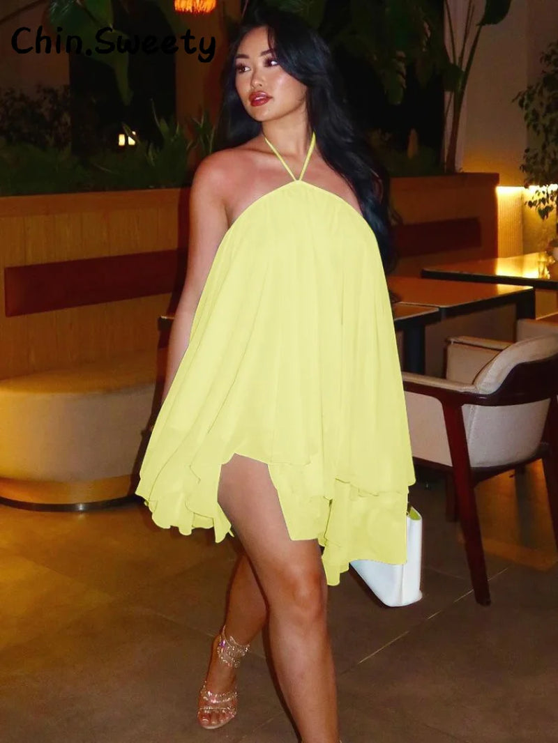 Elegant Halter Neck Ruffled Short Dress for Women - Loose-Fitting Solid Strapless Sleeveless Backless Design for Summer Beach Vacation 2025