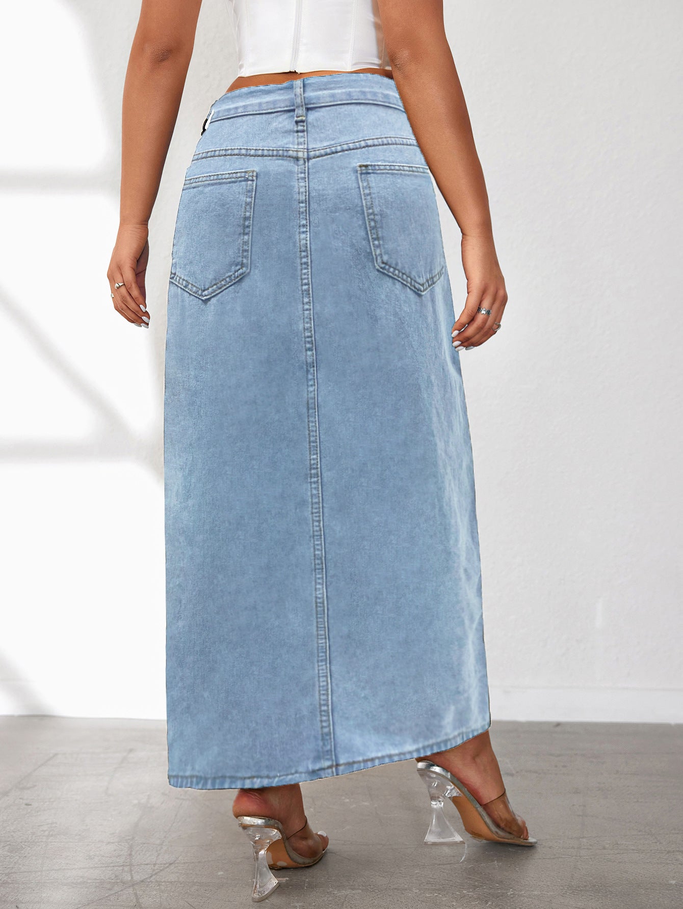 Washed Solid Color Midi Denim Skirt with High Slit for Women