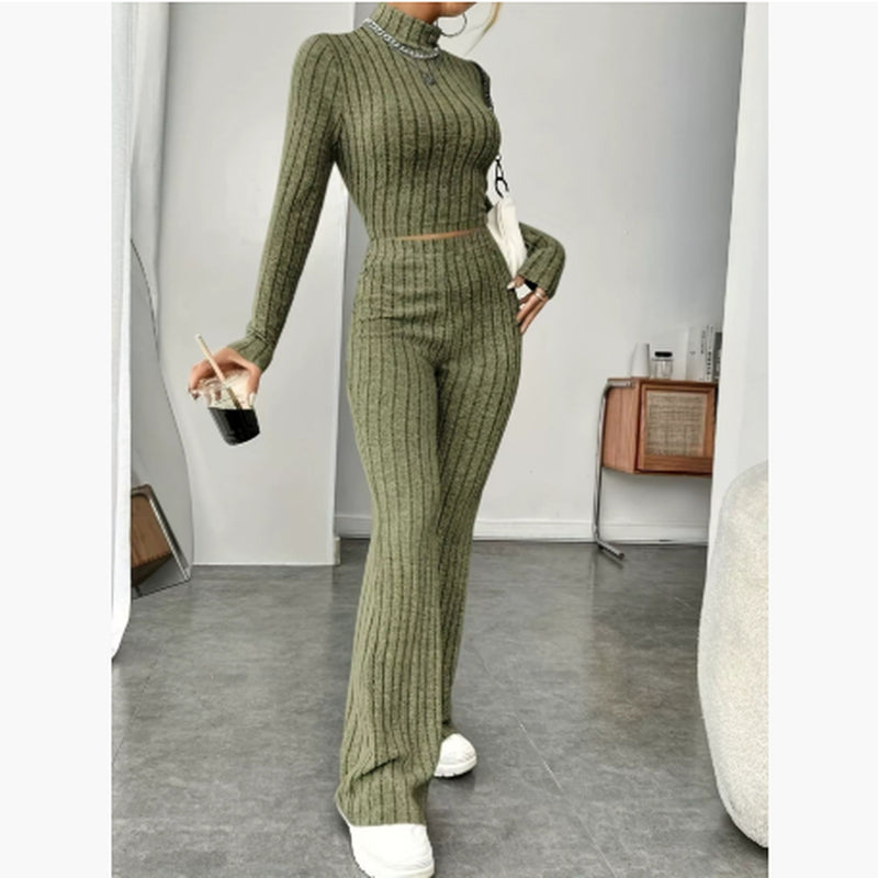 Long Sleeve Turtlenecks Wide Leg High Waist Trousers Suit