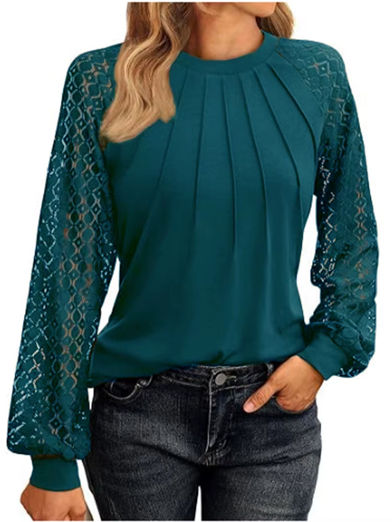 Elegant Lace Pleated Solid Color Blouse for Women - Round Neck Lantern Long Sleeves for Autumn Casual Wear