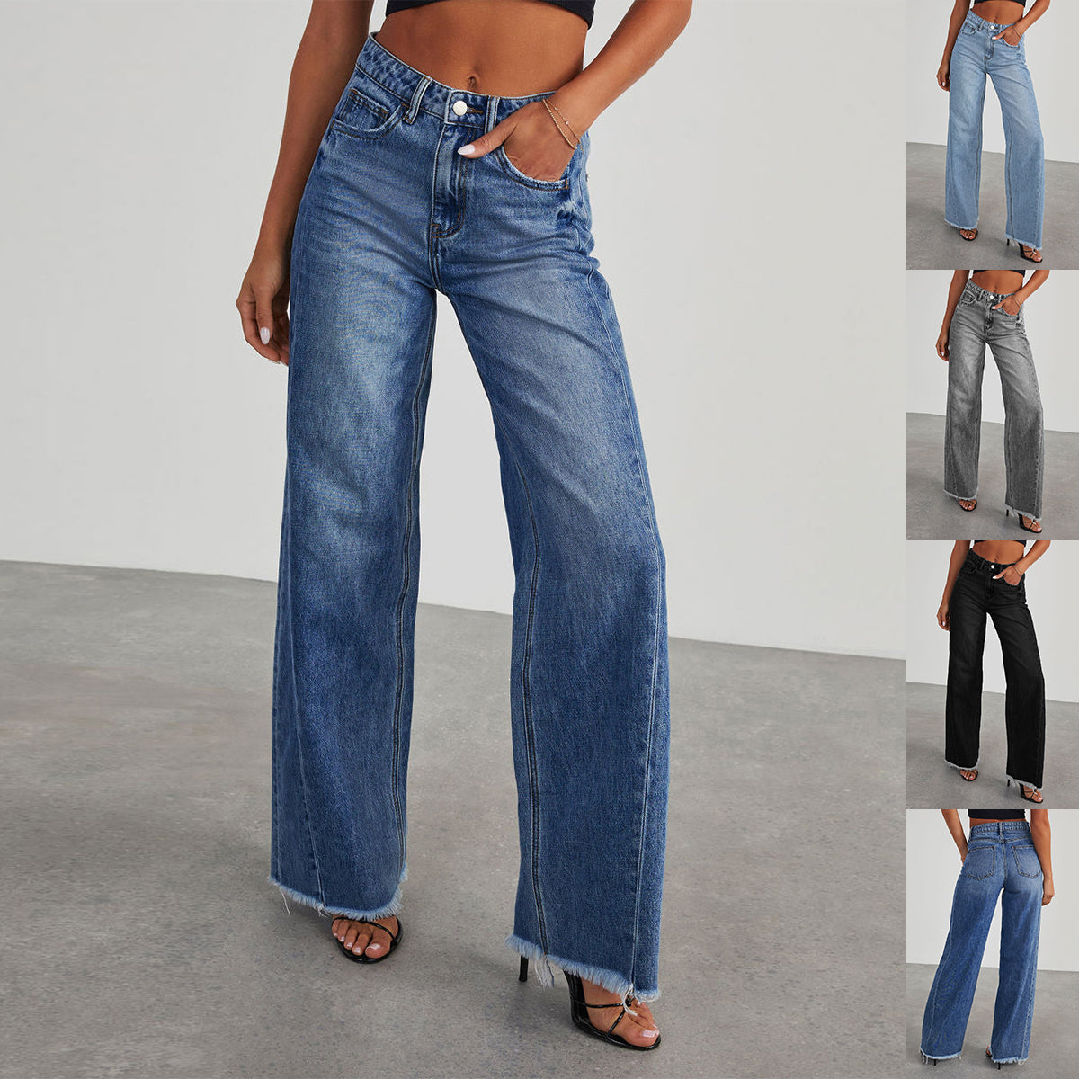 High-Waisted Women's Jeans with Pockets - Comfortable Slim Fit Straight Wide-Leg Design