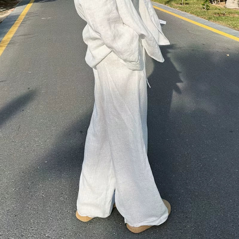 Women's Casual Oversized White Wide Leg Pants with Elastic High Waist and Pockets for Office and Commuting