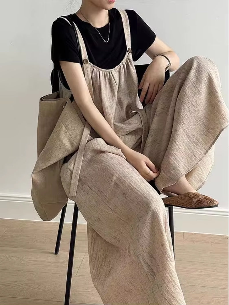 Cotton Linen Women's Loose-Fit Wide Leg Overalls with High Waist - Summer Collection