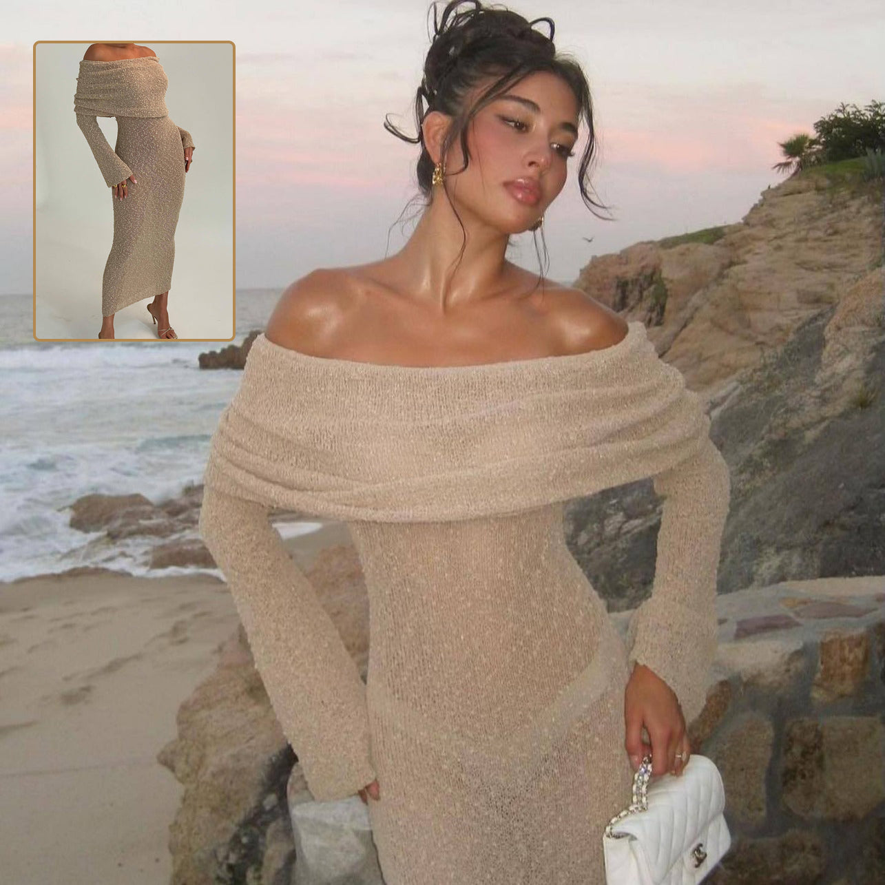 One-Shoulder Knitted Long-Sleeved Dress for Women - Elegant Beach Holiday Attire