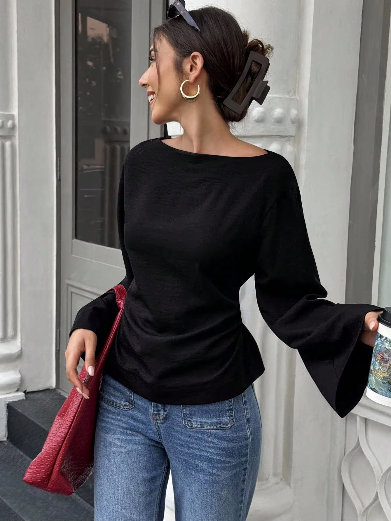 Women's Elegant Boat Neck Flare Sleeve T-Shirt with Back Tie - Slim Fit Long Sleeve Top for Spring/Fall