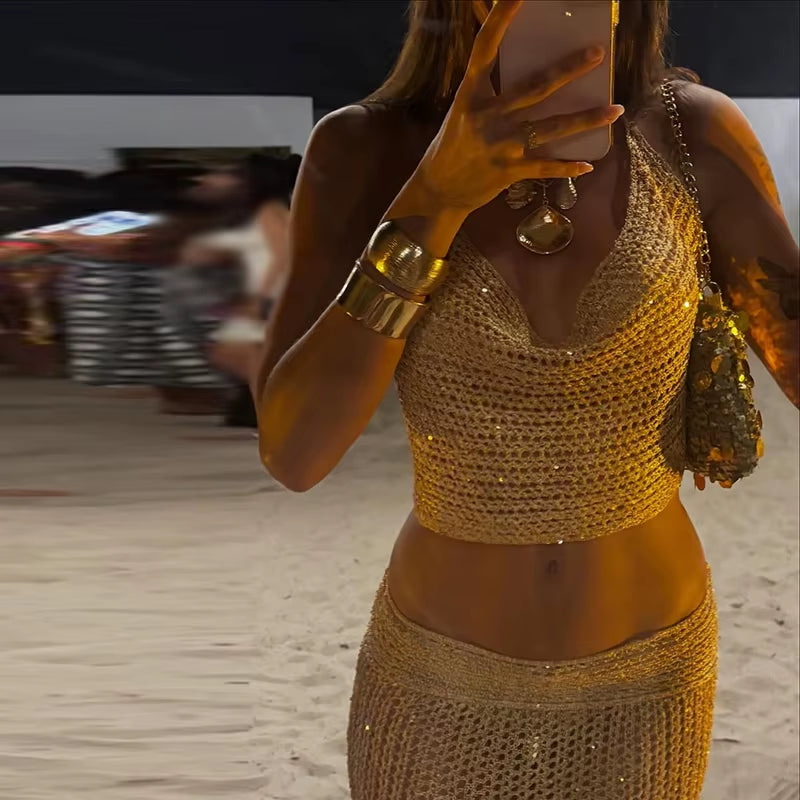 Elegant Knitted Halter Top and Long Skirt Set for Women - Sleeveless Backless Lace-Up Crop Top with Bodycon Skirt - Summer Beach Outfit 2026