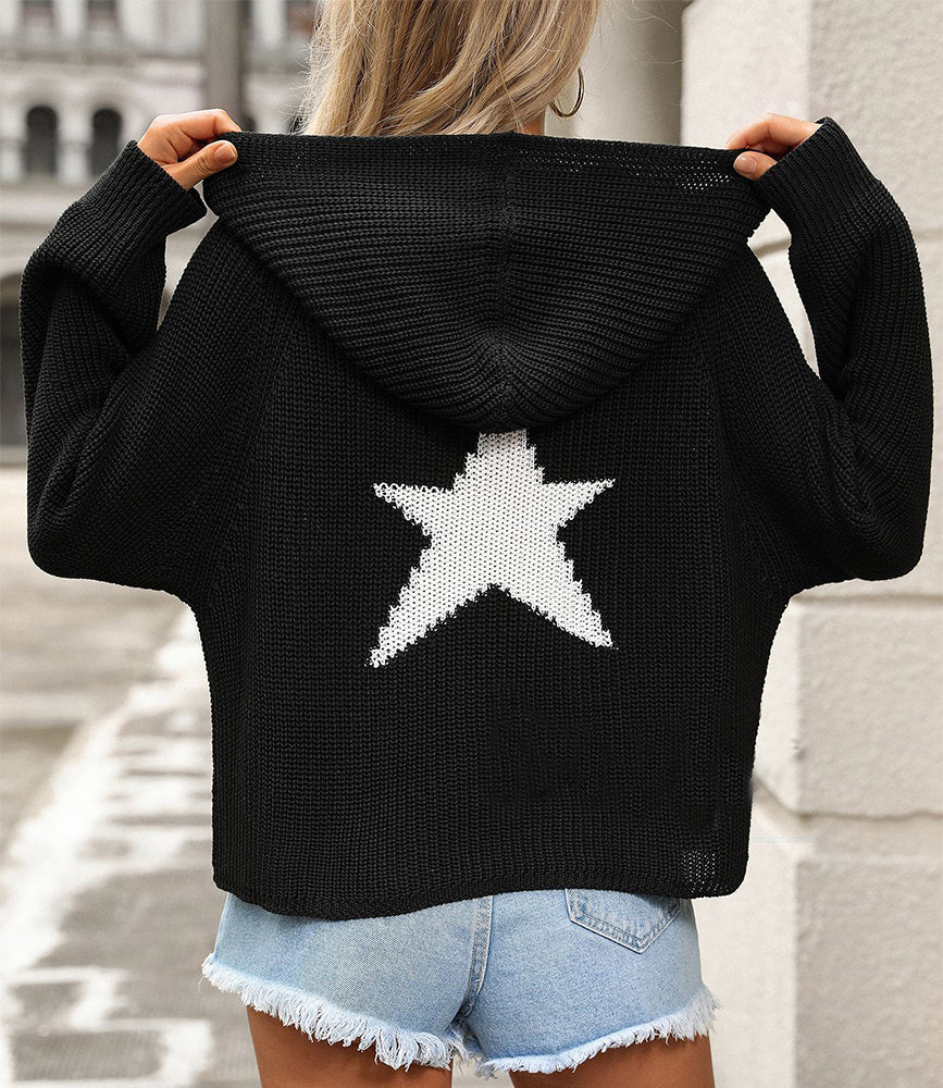 Women's Cropped Hooded Pullover Sweater with Pockets and Long Sleeves, Star Pattern Cardigan Outerwear