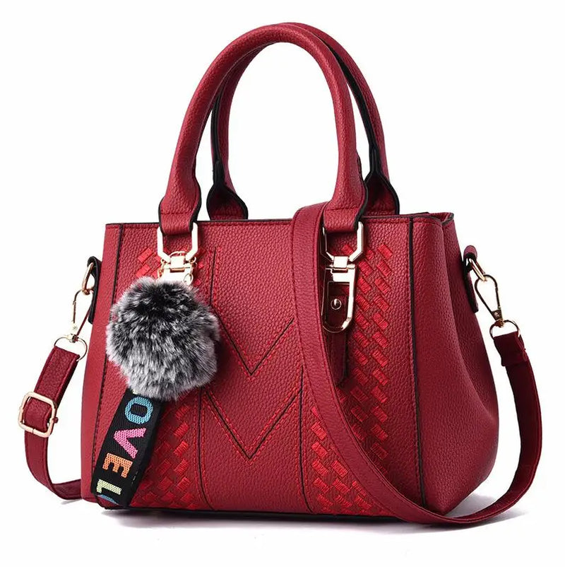 Women's Leather Embroidery Messenger Bags with Hair Ball Detail