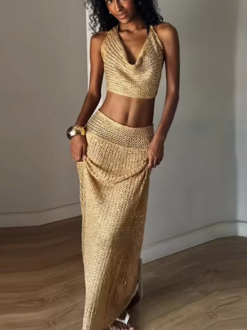Elegant Knitted Halter Top and Long Skirt Set for Women - Sleeveless Backless Lace-Up Crop Top with Bodycon Skirt - Summer Beach Outfit 2026