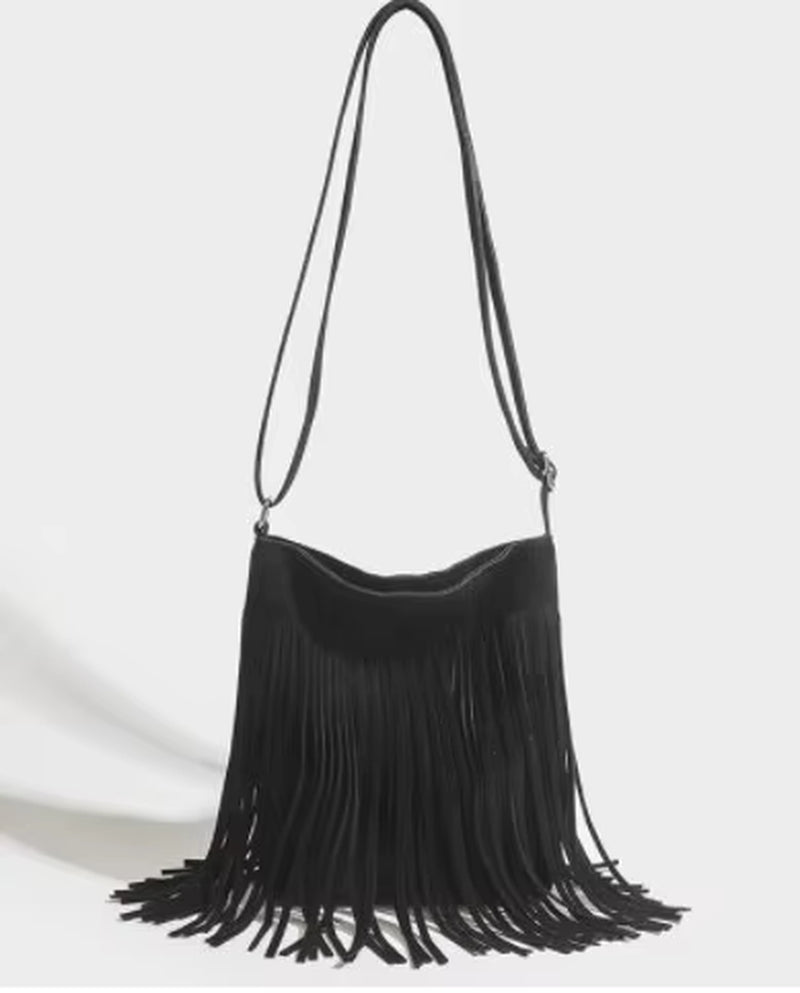 Bohemian-Inspired Suede Crossbody Bag with Tassel Detail - Vintage Casual Fringe Messenger Bag for Women