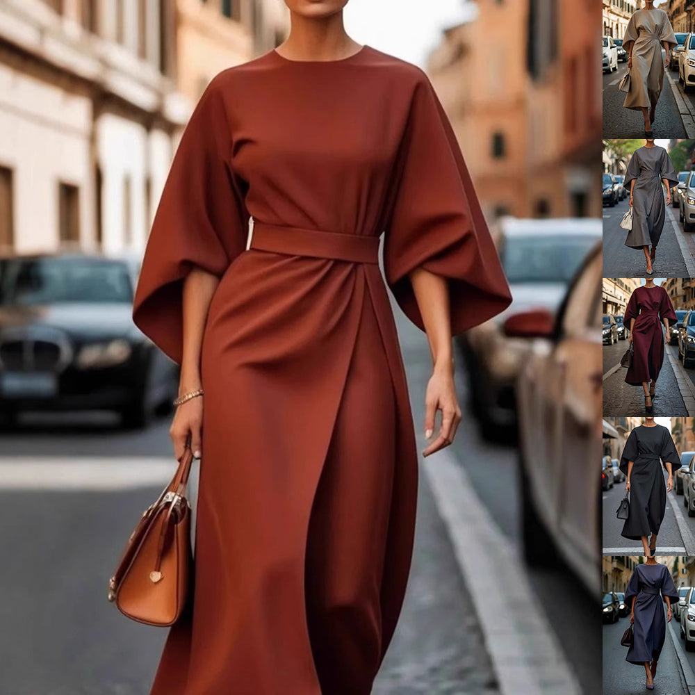 Elegant Solid Color Dress with Waist-Tightening Batwing Sleeves for Women