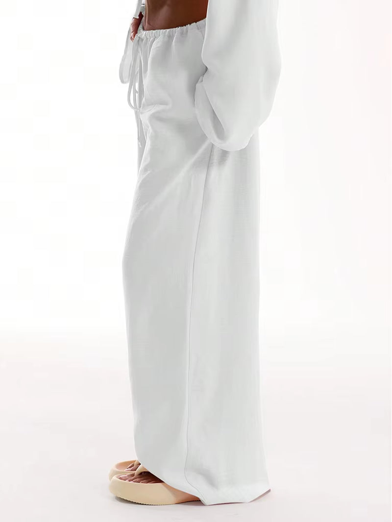 Women's Casual Oversized White Wide Leg Pants with Elastic High Waist and Pockets for Office and Commuting