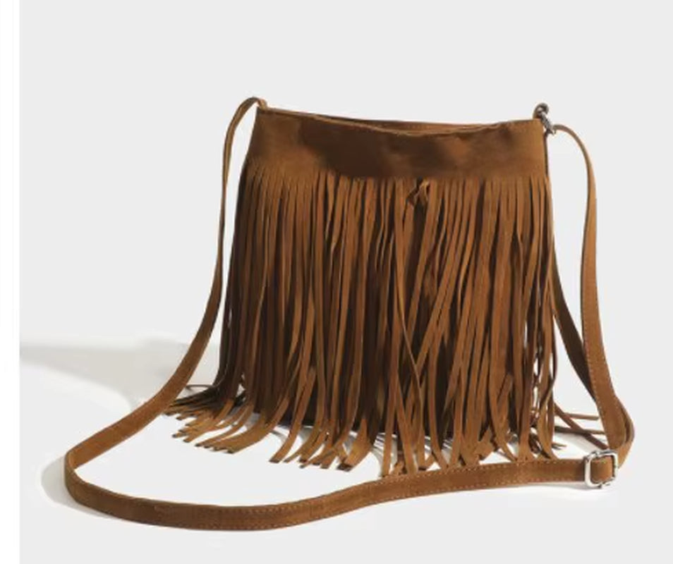 Bohemian-Inspired Suede Crossbody Bag with Tassel Detail - Vintage Casual Fringe Messenger Bag for Women