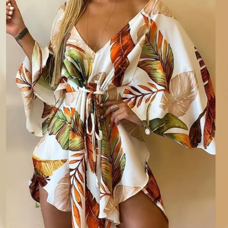 Bohemian Floral Print V-Neck Bat Sleeve Mini Dress for Women - Summer Vacation Sundress