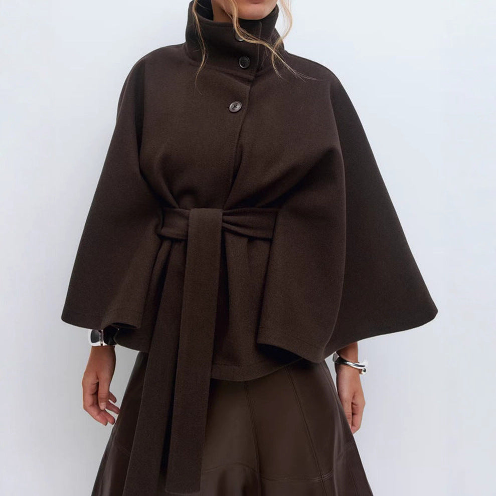 Elegant Women's Winter High Neck Batwing Sleeve Belted Trench Coat