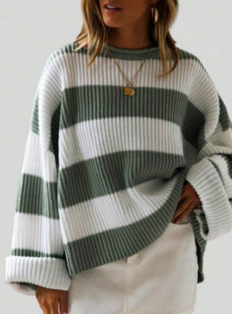Women's Casual Long Batwing Sleeve Striped Knit Pullover Sweater