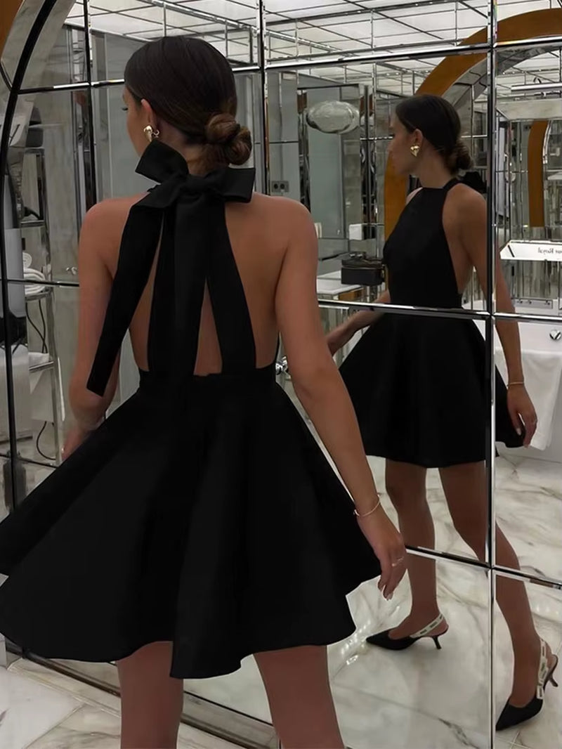 Elegant Vintage Satin Backless Halter Mini Dress with Lace-Up Pocket for Women - Ideal for Evening Gatherings and Summer Occasions