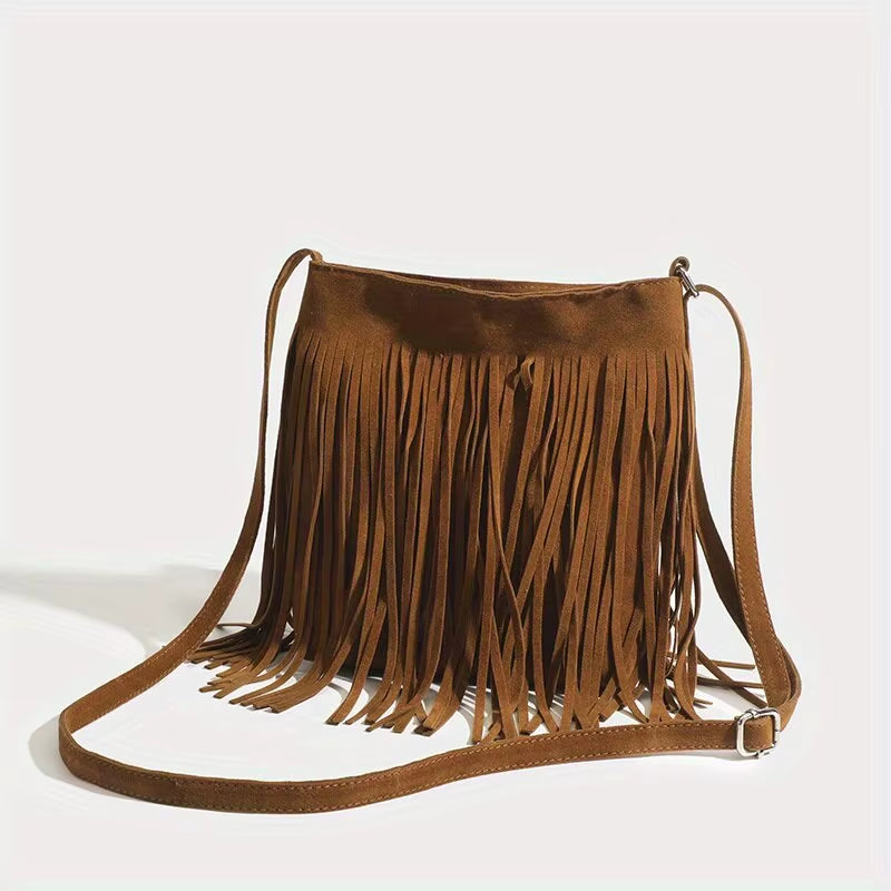 Bohemian-Inspired Suede Crossbody Bag with Tassel Detail - Vintage Casual Fringe Messenger Bag for Women