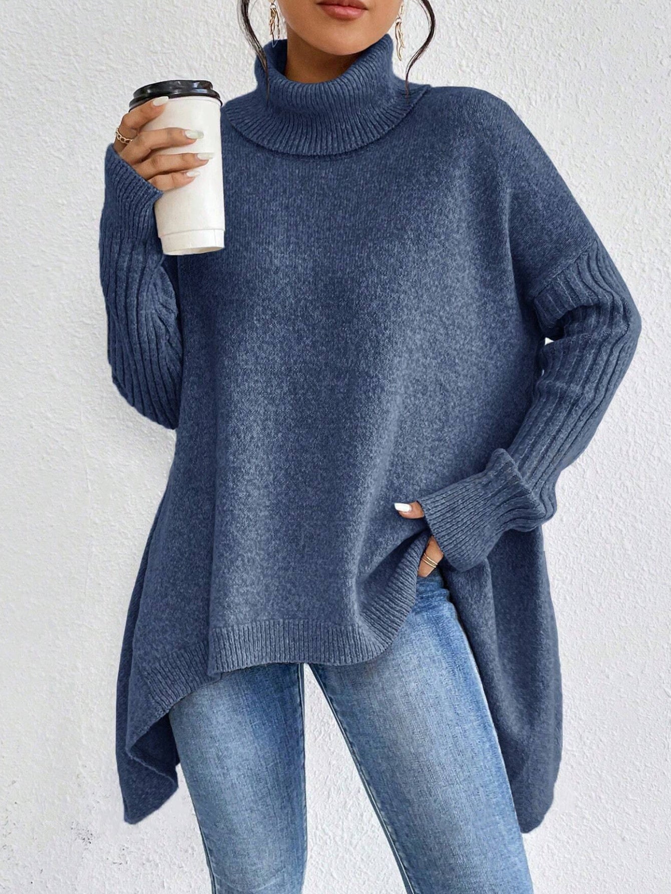 Irregular Turtleneck Loose-Fit Knitted Sweater for Women - Long Sleeve Winter Pullover