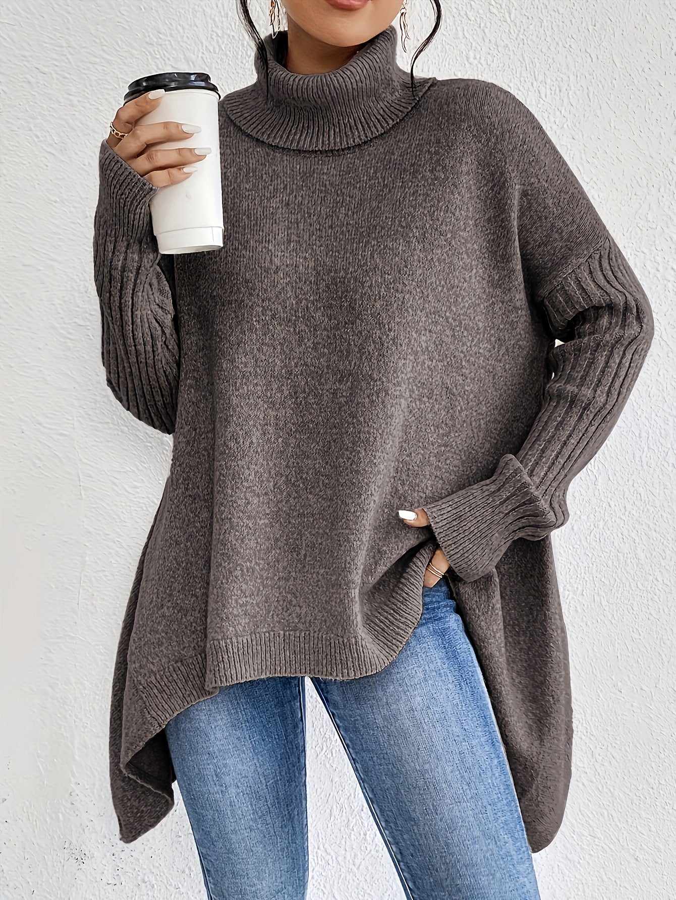 Irregular Turtleneck Loose-Fit Knitted Sweater for Women - Long Sleeve Winter Pullover