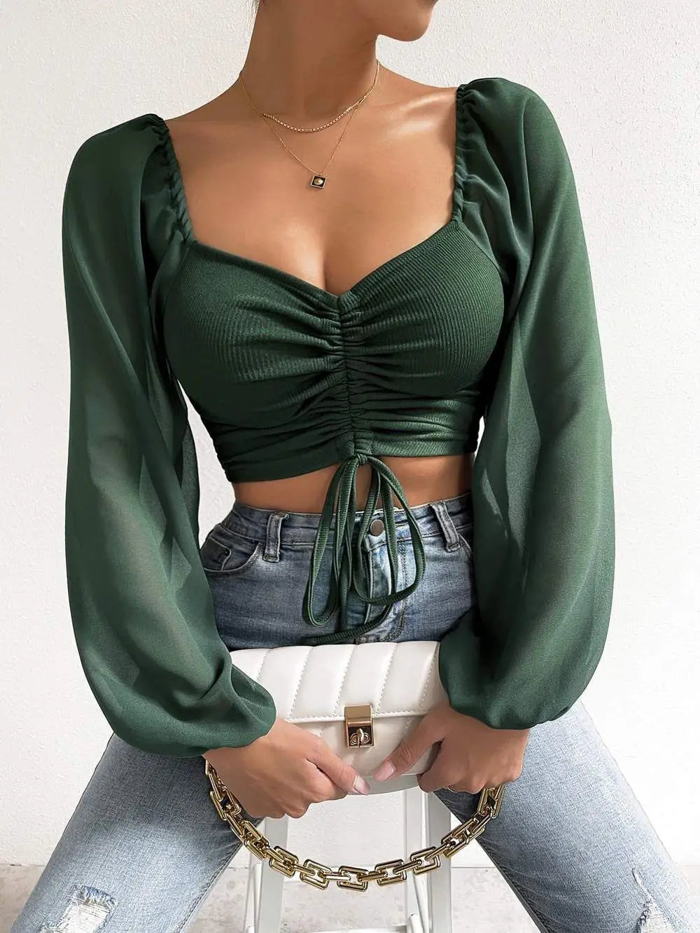 Sheer Sleeve Drawstring Front Crop Top with Plunge Neck - Women's Rib-Knit Ruched Blouse for Spring and Summer